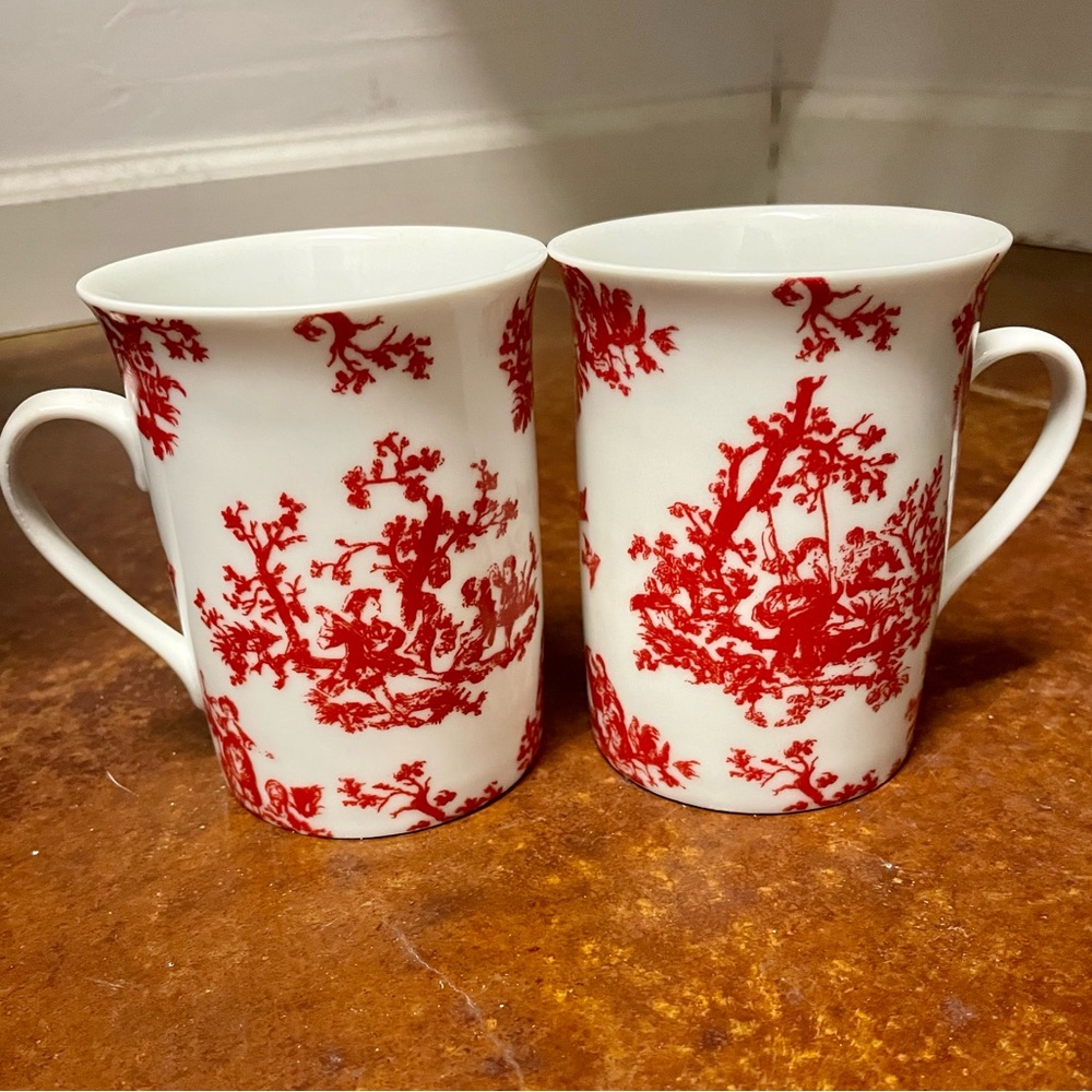 Two (2) Colonial Williamsburg “Red Townscape Toile” Mugs, Bone China